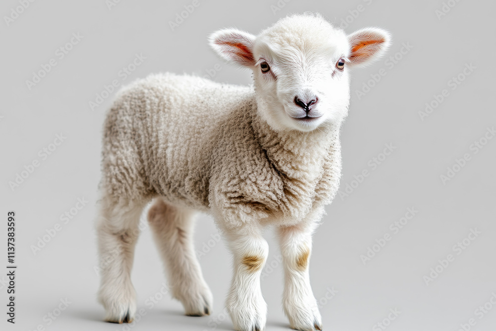 Fototapeta premium Adorable white lamb standing on gray background.