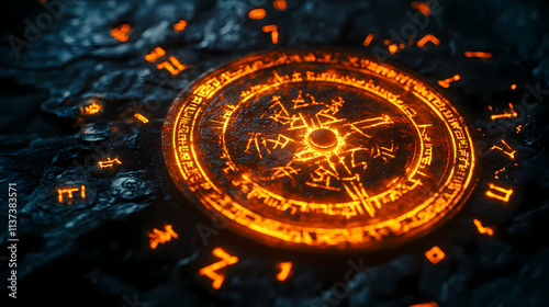 Mysterious glowing orange vegvisir surrounded by runes on a dark background, evoking ancient norse mythology. Runic. Illustration