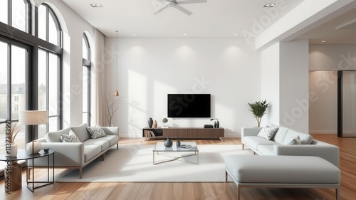 A sleek and modern living room with neutral tones, clean lines, and minimal furniture, comfortable, house