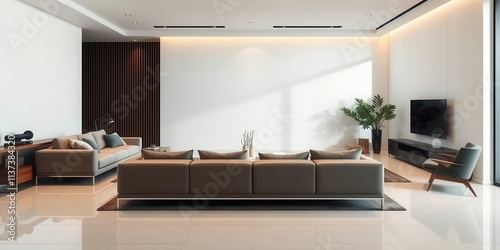 A spacious and sleek modern living room in a stylish home, with a minimalist design and luxurious furniture, stylish, interior photo