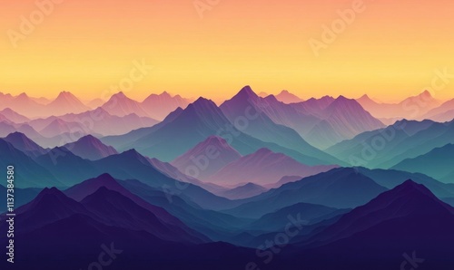 Serene mountain landscape at sunset with layered peaks and soft colors.