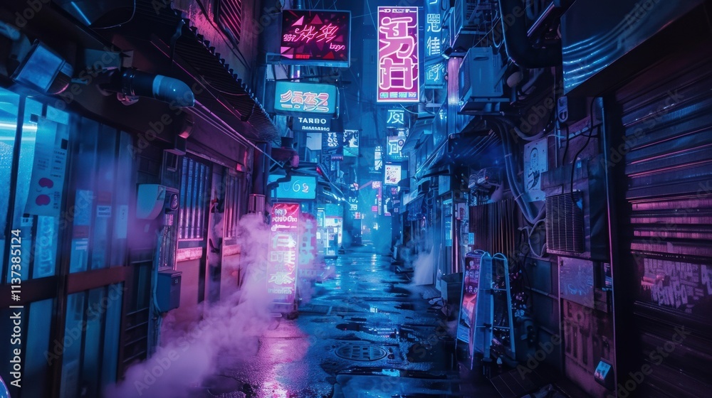 Neon-lit alleyway with vibrant signs and a misty atmosphere. Neon-lit alleyway with vibrant signs and a misty atmosphere.
