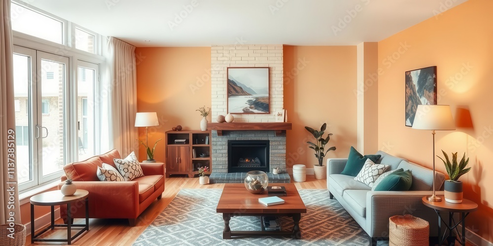 Fototapeta premium Cozy living room in a well-decorated modern home with a warm color scheme and comfortable furniture, cozy, modern
