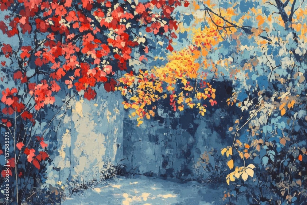 Fototapeta premium A vibrant autumn scene with colorful leaves and a serene pathway.