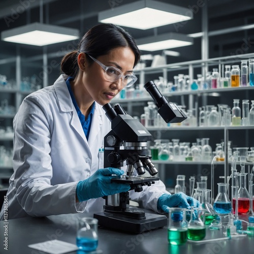 Create an image of a laboratory scientist working in a modern lab setting. The scientist, a middle-aged Asian woman, is wearing a white lab coat, safety goggles, and gloves. 