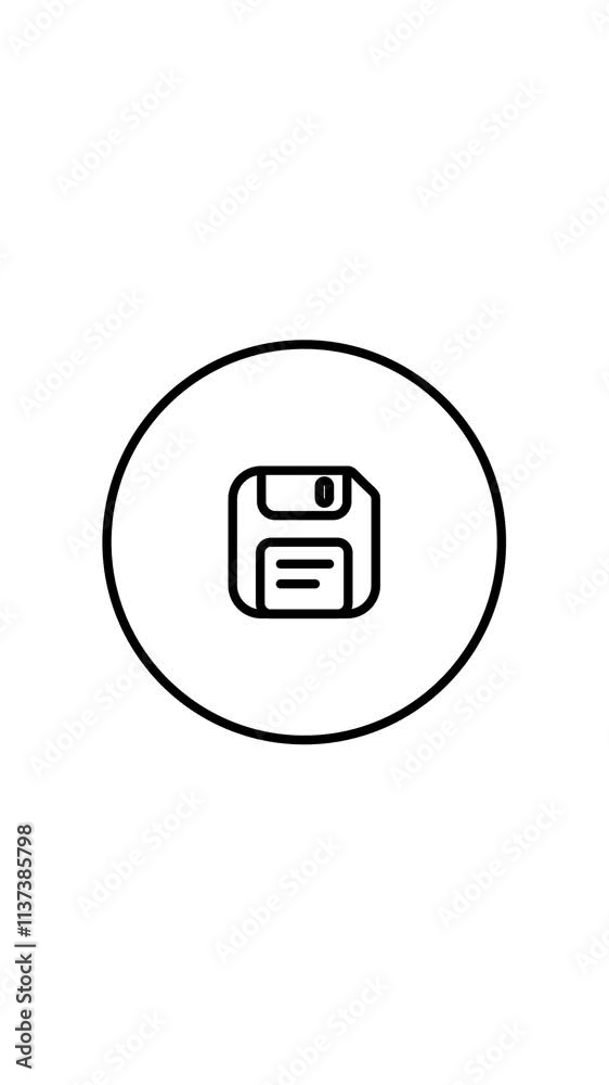 Save, diskette icon in circle black outline, save button line icon vector illustration, save, icon sing and symbols, vertical video animation, self drawing. Save, diskette icon in circle black outline, save button line icon vector illustration, save, icon sing and symbols, vertical video animation, self drawing.