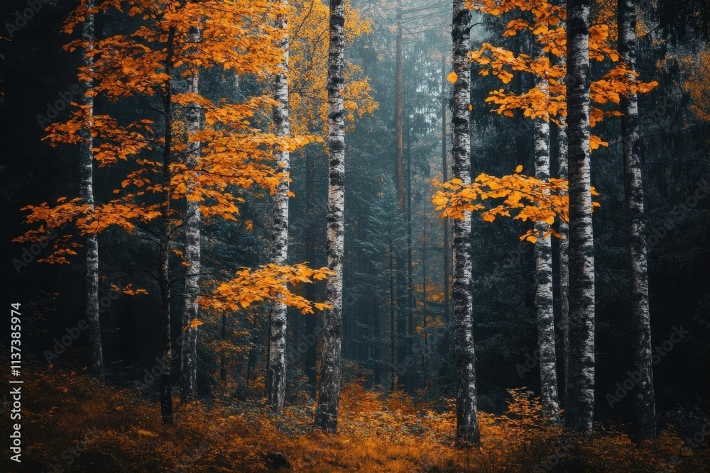 A serene autumn forest with vibrant orange leaves and misty ambiance.