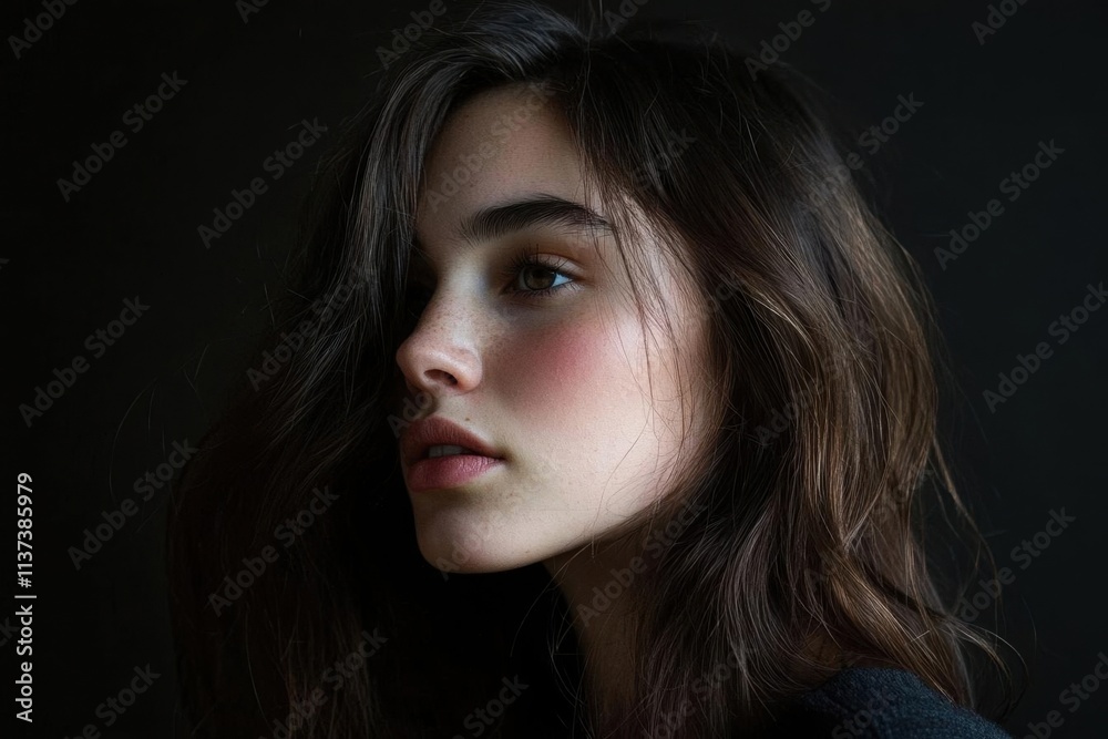 A profile portrait of a young woman with soft lighting and natural beauty.