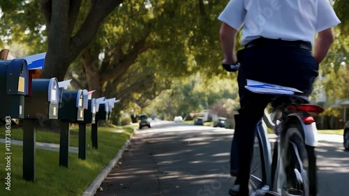 Wallpaper Mural Follow shot, a mail courier on a bicycle navigating through a quiet suburban neighborhood.  Torontodigital.ca