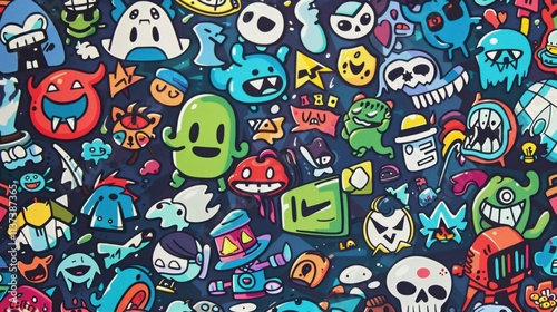 Colorful illustration featuring various whimsical characters and icons.