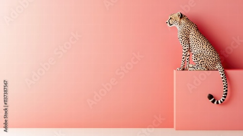 Cheetah Sitting on a Pink Background in Minimalist Style photo