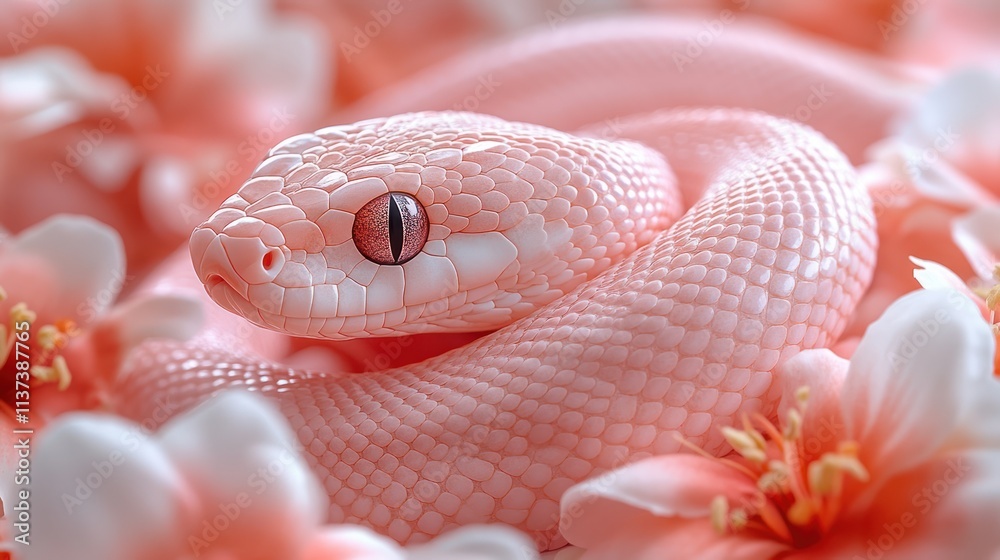 Fototapeta premium Pink snake coiled amidst delicate pink and white blossoms.