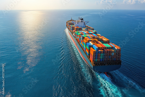 Large container ship at sea carrying goods.