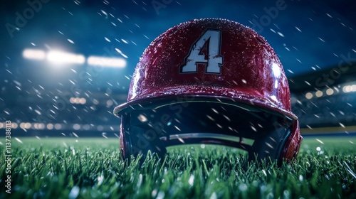 Field level sports photography, wine red safety helmet, traditional baseball details, forest green grass blades, sapphire blue nighttime sky, bronze stadium illumination, professional venue lighting, photo