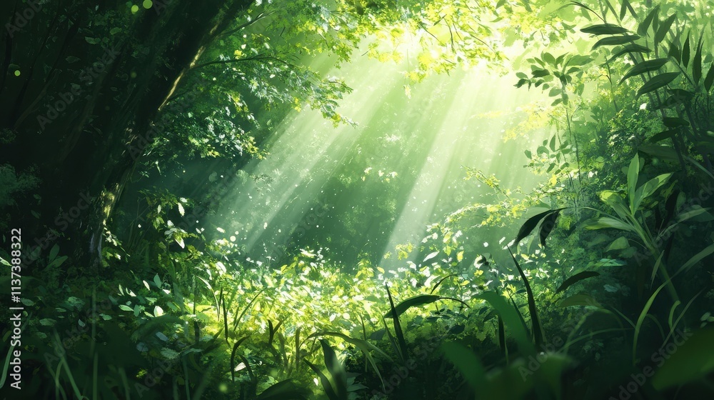 Sunlight streaming through green leaves, creating a peaceful and vibrant natural scene. The image emphasizes the beauty and tranquility of nature. Sunlight streaming through green leaves, creating a peaceful and vibrant natural scene. The image emphasizes the beauty and tranquility of nature.