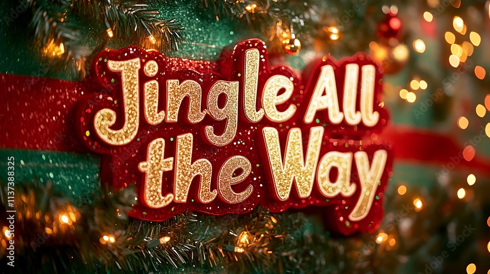 Jingle All the Way in playful, curved white font, bordered with golden glitter, over a bright red and green striped backdrop, festive and joyful energy with soft holiday glow. --ar 16:9 Jingle All the Way in playful, curved white font, bordered with golden glitter, over a bright red and green striped backdrop, festive and joyful energy with soft holiday glow. --ar 16:9