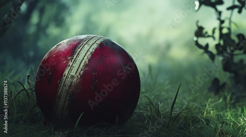 Cricket heritage photography, worn crimson leather sphere, classic timber bat weathering, emerald field backdrop, lime light filtering, pastoral setting, natural outdoor illumination, selective focus photo