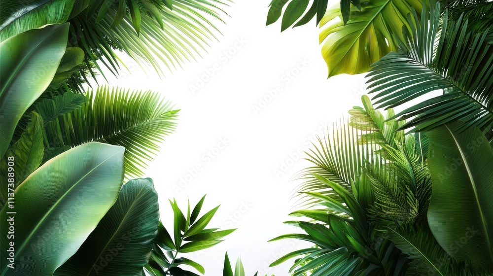 Obraz premium Vibrant tropical leaves isolated on white, showcasing lush greenery and natural textures.