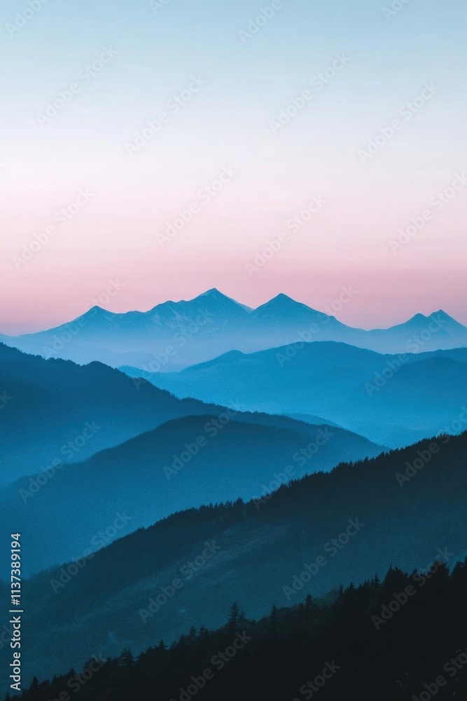 Serene mountain landscape at dawn with layered blue hues. Serene mountain landscape at dawn with layered blue hues.