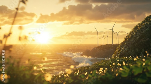 Wind turbines farm in sunlight. Clean energy concept, wind turbines in the sunlight on the coast close to the sea for wind power