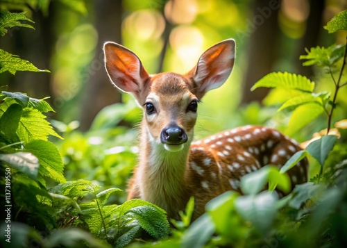 Adorable Whitetail Fawn in Forest, Aerial View - Cute Baby Deer Wildlife Photography