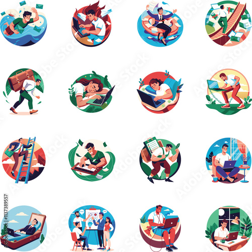 Bundle of Flat Style Overwork Illustrations 
