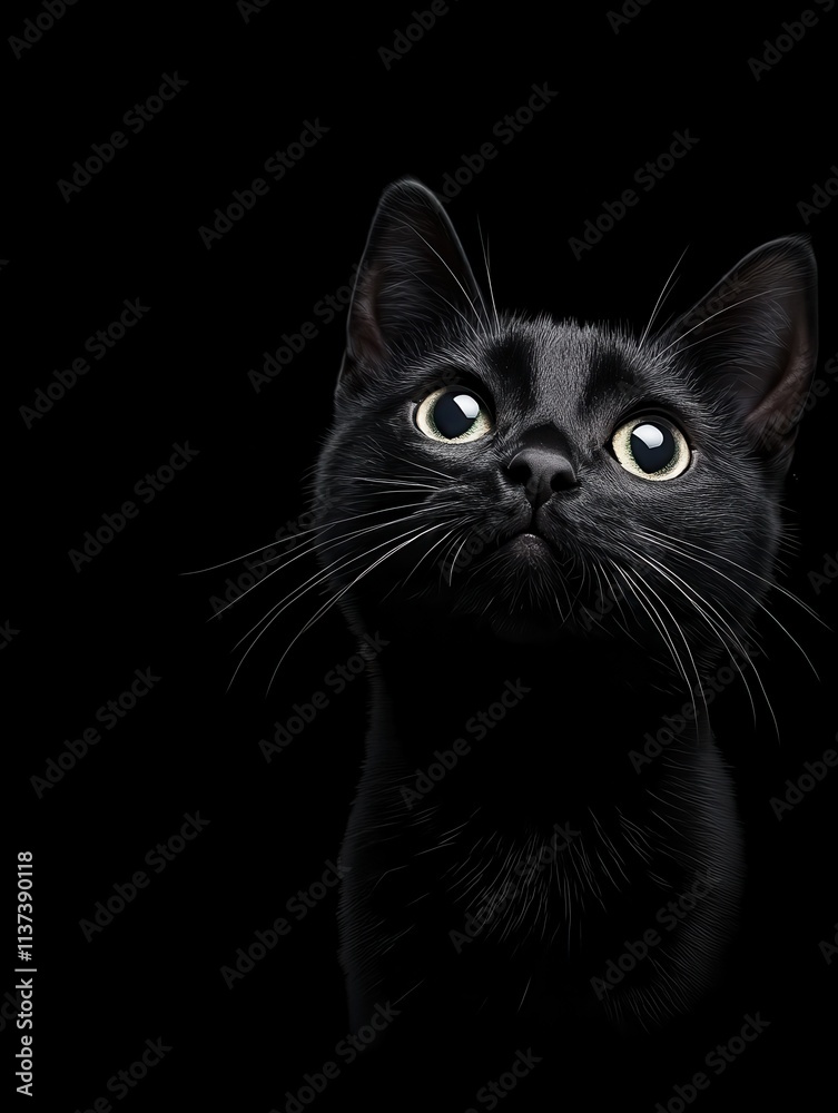 Curious black cat gazing upward indoor studio animal portrait dark environment close-up view captivating concept Curious black cat gazing upward indoor studio animal portrait dark environment close-up view captivating concept