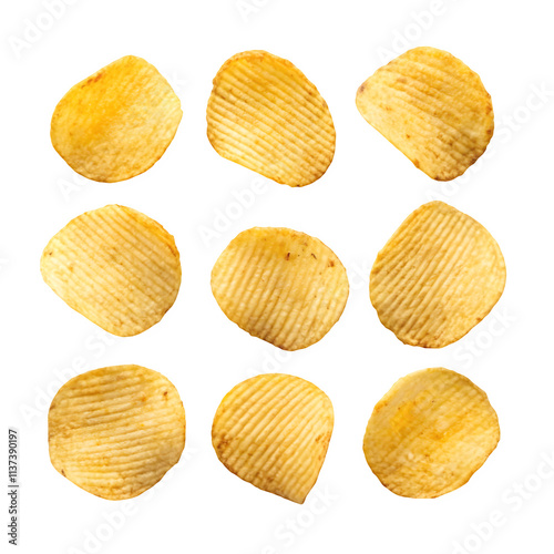 Potato chips falling spicy. isolated on white background. with clipping path, flying potato crisps it is a snack at parties and free time. It is popular all over the world.