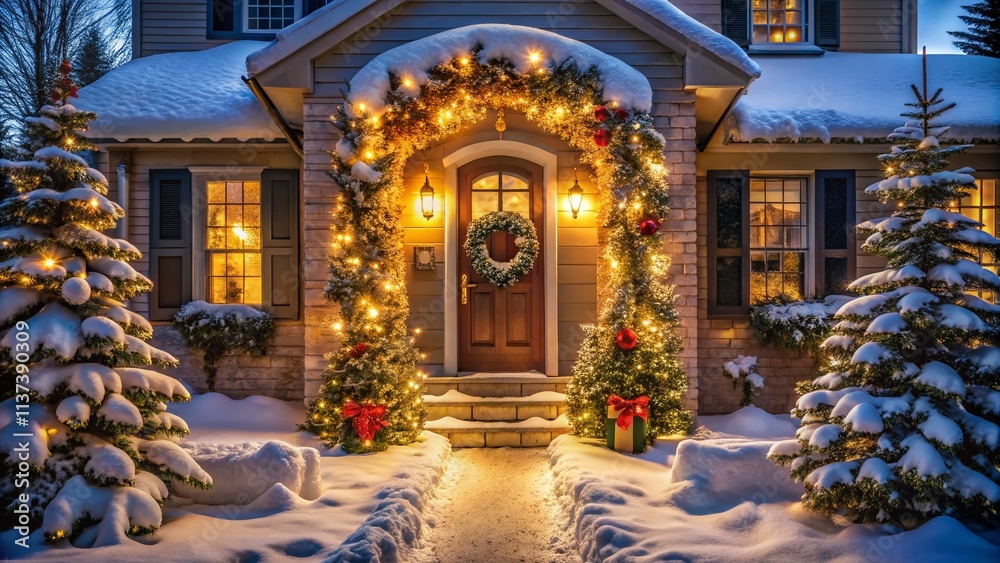 Obraz premium Aerial Christmas Home Entrance, Festive Night Lights, Holiday Decor, Drone Photography, Winter Wonderland