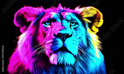 Vibrant neon lion illustration showcasing bold colors, artistic wildlife, glowing lion art, digital artwork, colorful lion head, majestic animal portrait, abstract design, perfect for Adobe Stock cust photo