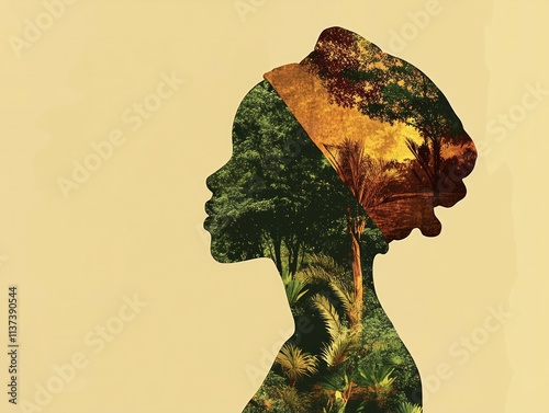 african woman silhouette wearing a isicholo hat in the shape of africa, in earthy colors with nature growing out of her  photo