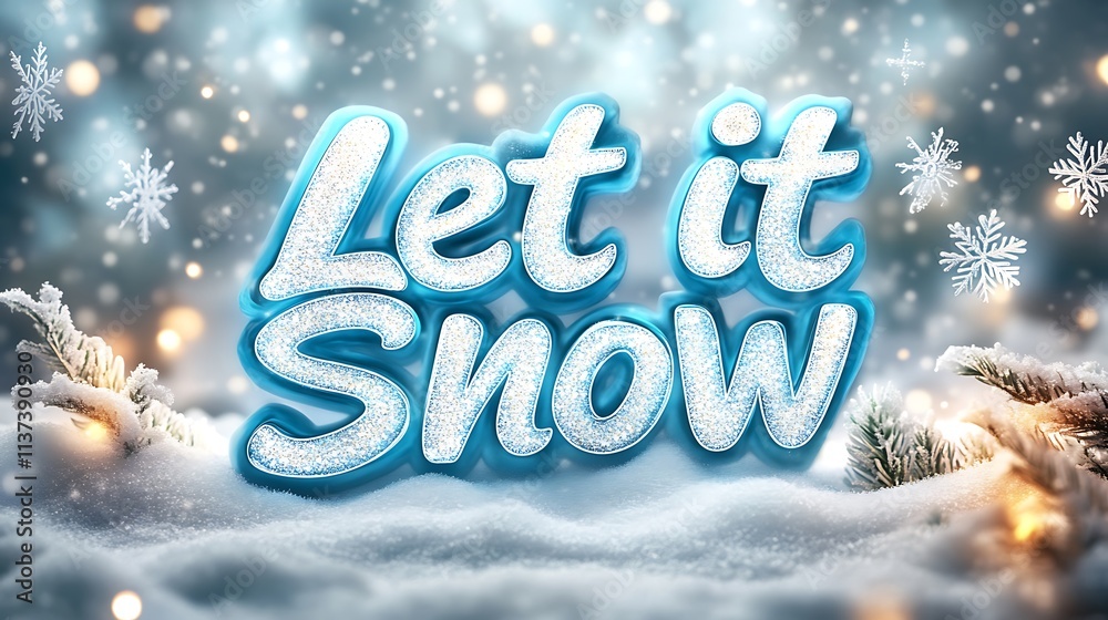 Let it Snow written in bold, frosty ice-inspired text, placed on a soft white-to-blue gradient, falling snowflakes creating depth and motion, glowing accents for a magical winter vibe. --ar 16:9