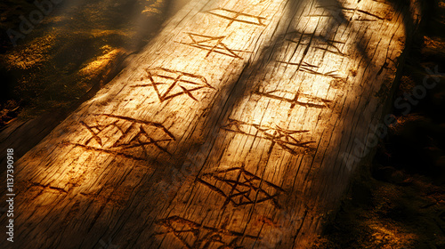 Ancient runic symbols engraved in aged wood with soft sunlight filtering through trees. Runic. Illustration