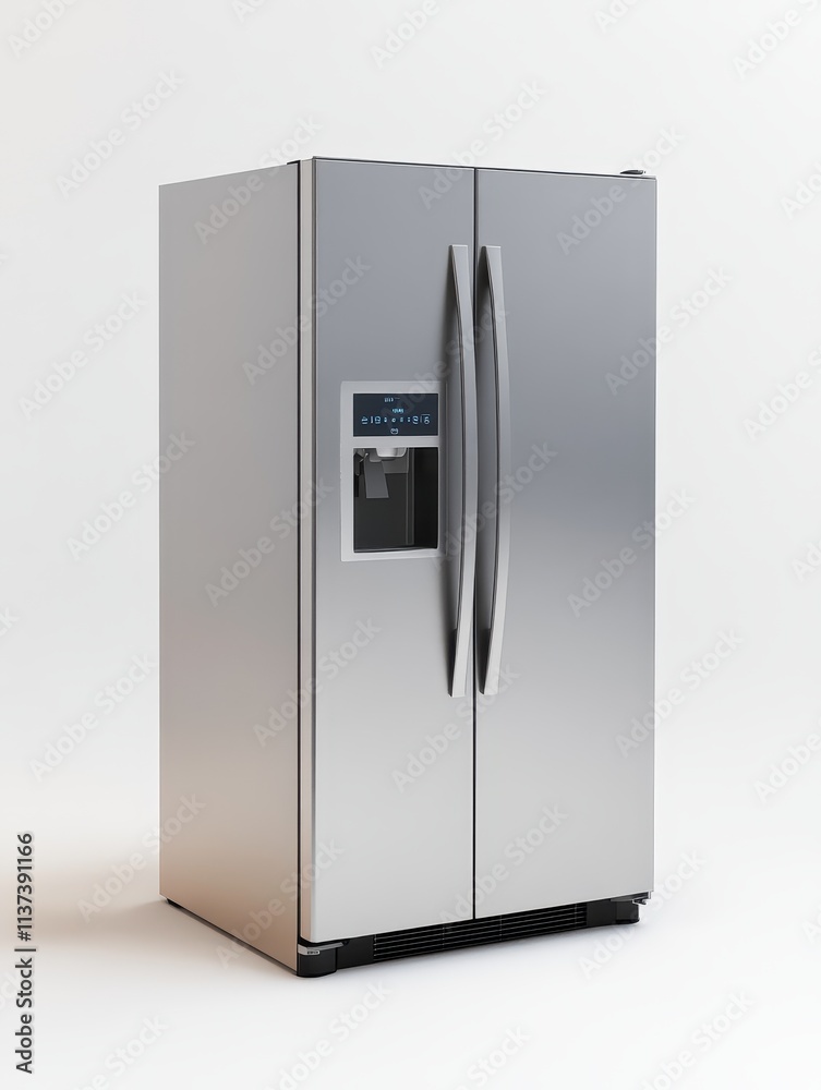 Modern stainless steel refrigerator home kitchen appliance display minimalistic design front view functionality and style Modern stainless steel refrigerator home kitchen appliance display minimalistic design front view functionality and style