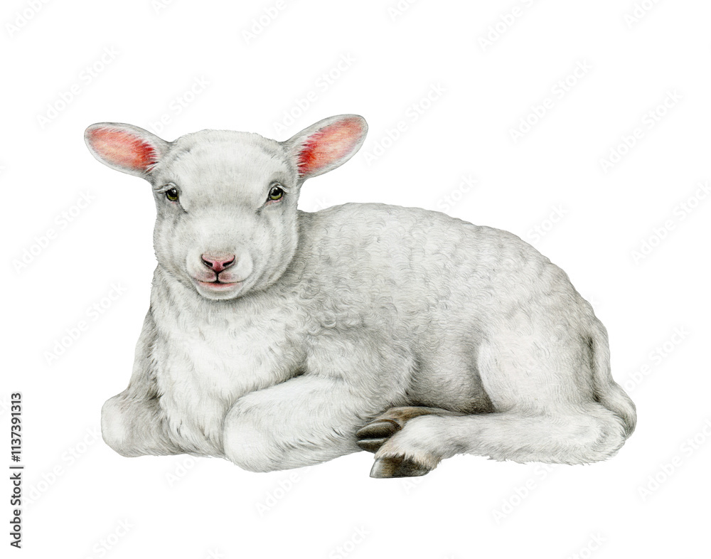 Fototapeta premium Resting lamb lying down, isolated on white on white background. Hand-painted vintage style illustration with soft textures, perfect for farm, nursery, spring themes, prints and children’s design.