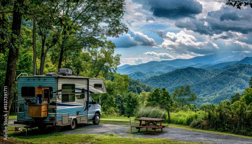 Scenic view of a camper in nature with mountains and clouds. Scenic view of a camper in nature with mountains and clouds.