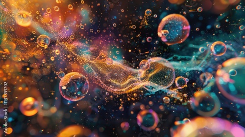 Vibrant bubbles and swirling colors create an abstract cosmic scene.