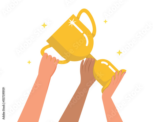 Hand holding gold trophy cup together. Winner trophy award, prize goblet.