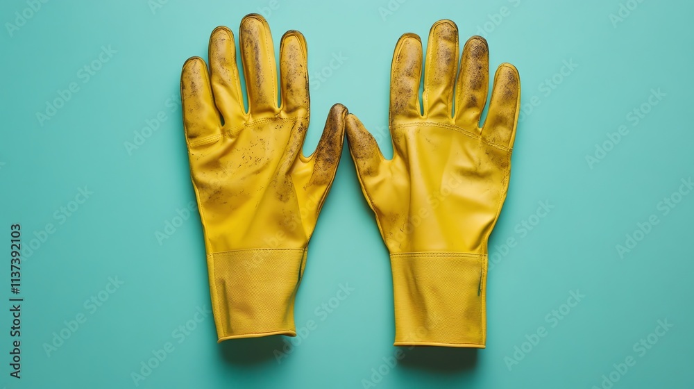 Obraz premium A pair of yellow work gloves on a blue background.