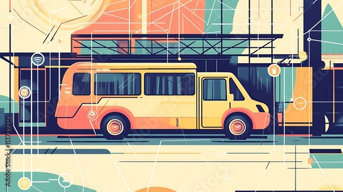 A stylized illustration of a small bus at a modern bus stop, surrounded by abstract geometric shapes and lines.