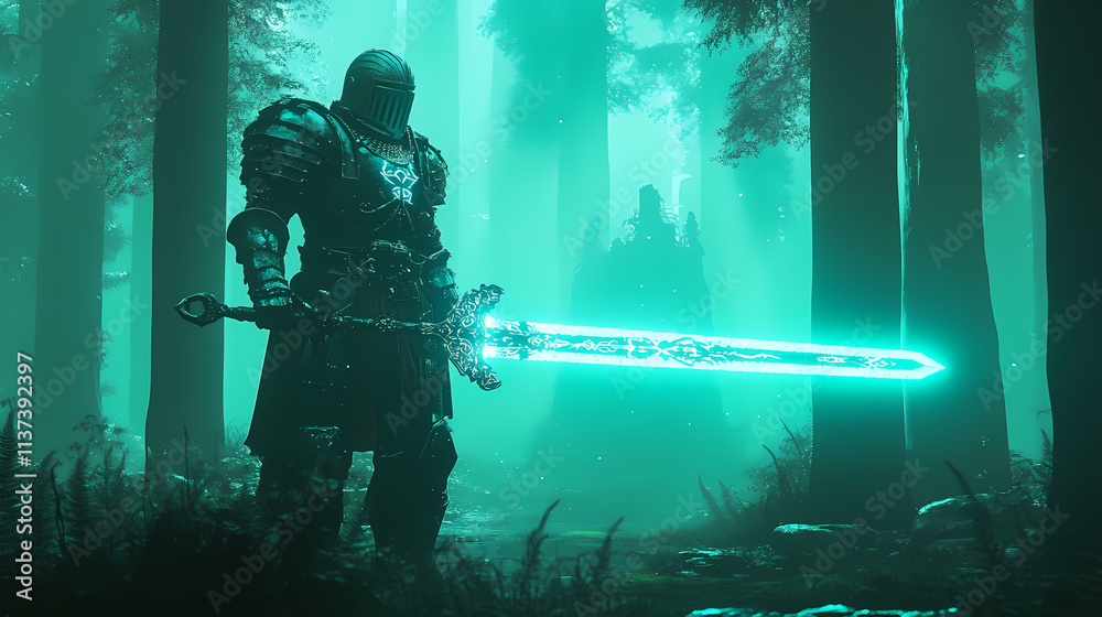 Fototapeta premium Heavily armored knight with glowing runic sword stands in mystical forest illuminated by soft light. generative ai. Runic. Illustration