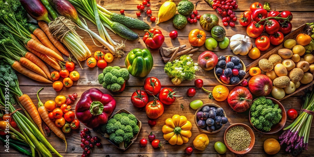 Aerial Drone View: Fresh Fruits & Vegetables Wooden Background - High-Resolution Stock Photo Aerial Drone View: Fresh Fruits & Vegetables Wooden Background - High-Resolution Stock Photo