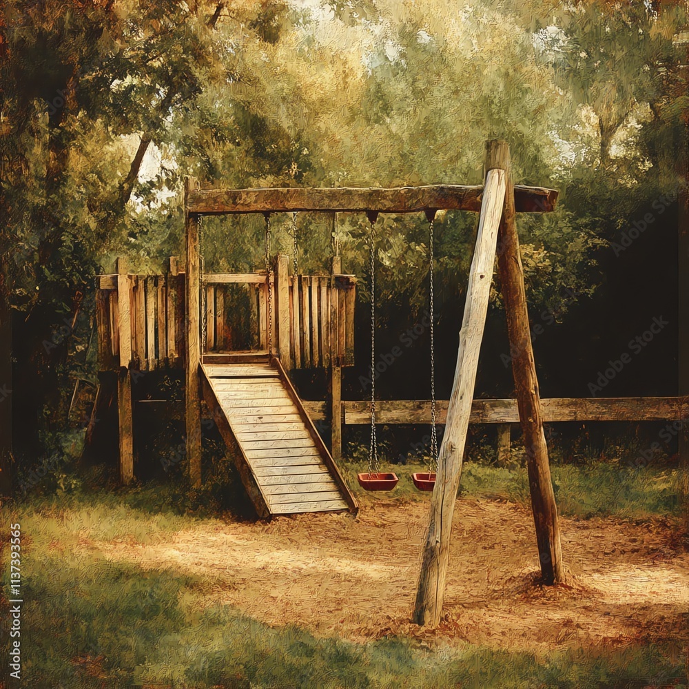 Wooden playground with swings and slide in a serene outdoor setting. Wooden playground with swings and slide in a serene outdoor setting.