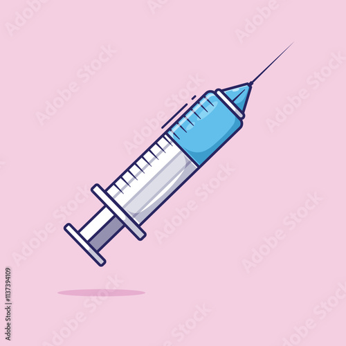 Plastic medical syringe with sterile needle in flat cartoon style vector icon or symbol illustration