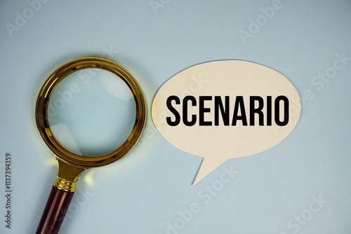 Konstfotografi Scenario text on speech bubble with magnifying glass top view on blue background
