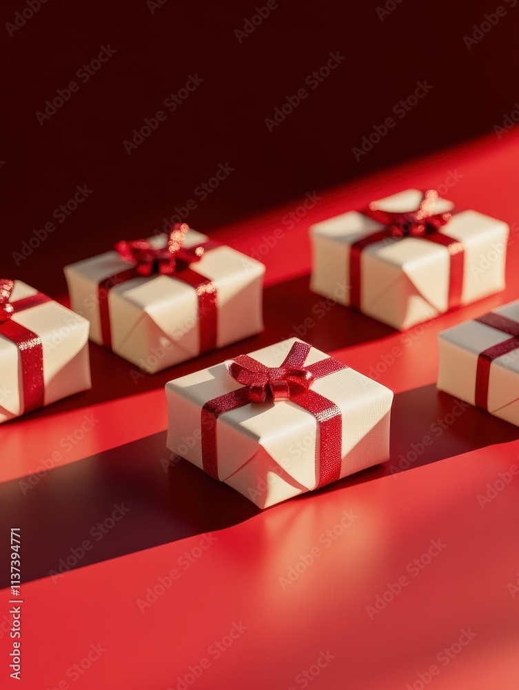 Obraz premium Group of small gifts wrapped with red ribbon on white table with copy space. Five little presents for christmas or birthday party. Set of gift boxes over a red shiny background.