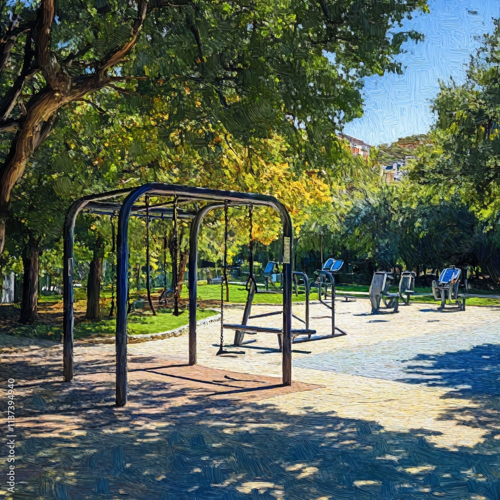 Outdoor fitness area with swings and exercise equipment under green trees. Outdoor fitness area with swings and exercise equipment under green trees.