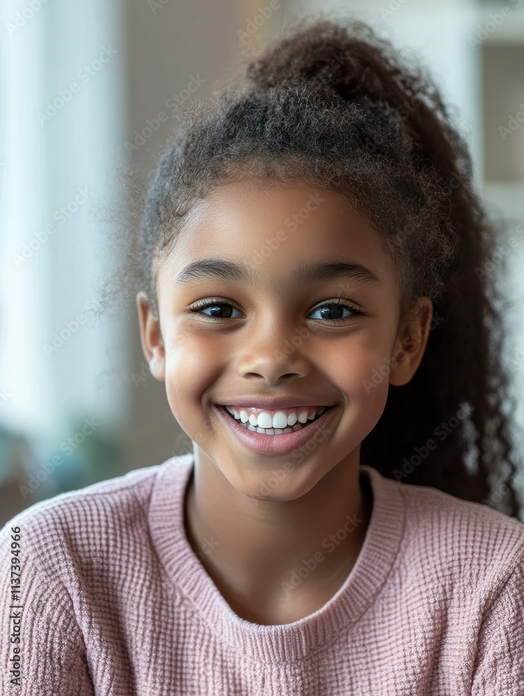 Naklejka premium Happy african american kid child girl school student looking at web cam talking with remote teacher distance learning video conference call virtual class lesson, headshot zoom portrait, webcam view.