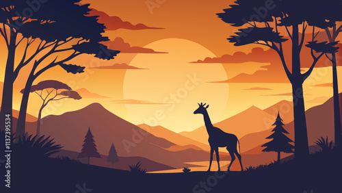 Vector Art of Giraffe at Sunset in African Savannah photo