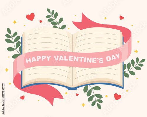 illustration of a book with pink ribbon valentine's day. Happy book for valentine's day design. 